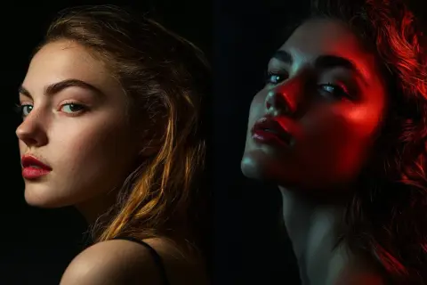 Split image shows a woman's face lit with soft natural light on the left, and dramatic red light on the right, demonstrating how to light a photo shoot for different moods.