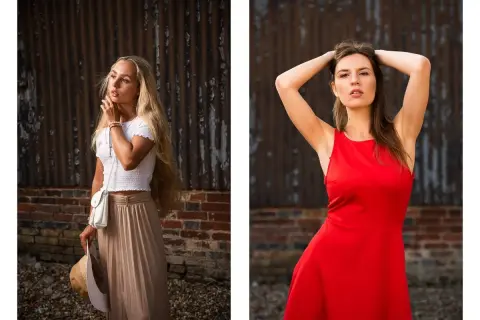 Split image: blonde woman in white top and beige skirt, holding a hat; woman in red dress with hands behind head. A visual comparison of 50mm vs 85mm lens effects.