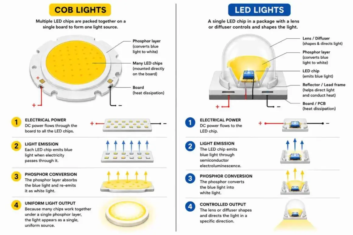 Diagrams show COB lights with many chips on one board for uniform light, and LED lights with a single chip and lens for directed light.