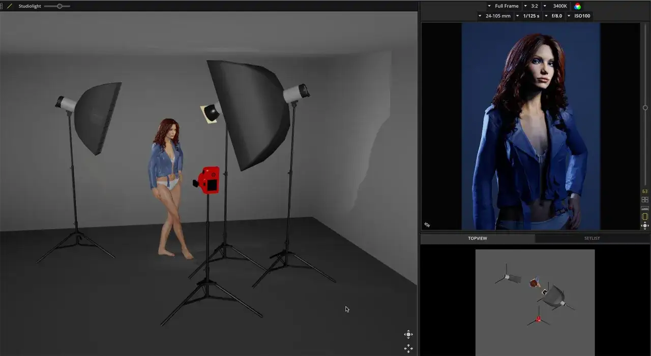 A virtual studio setup with a model, soft key lighting, and camera equipment. The final image shows the model with dramatic lighting.