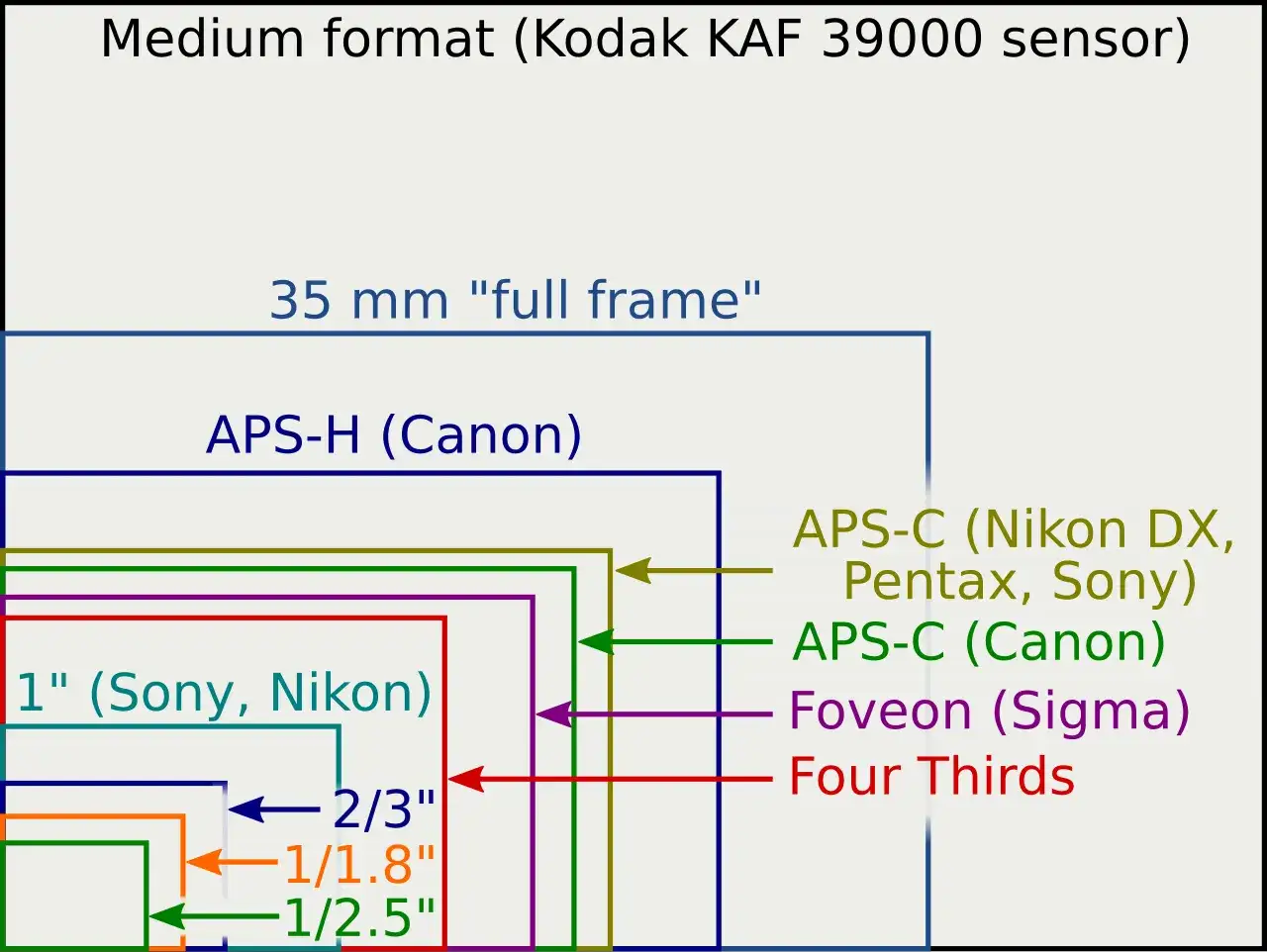 Diagram comparing sensor sizes: Medium format, 35mm full frame, APS-H, APS-C, 1
