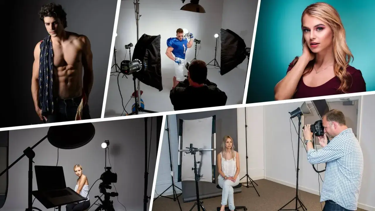 Collage of indoor photography setups. Learn how to avoid shadows in indoor photography with these studio examples.