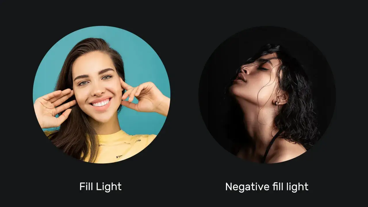 Two portraits: one with bright fill light, a smiling woman on a teal background; the other with negative fill light, a woman in dramatic shadow.