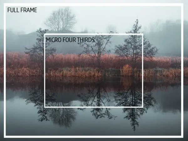 Full frame vs. Micro Four Thirds sensor comparison, showing how the MFT crop factor zooms in on a misty landscape with reflections.